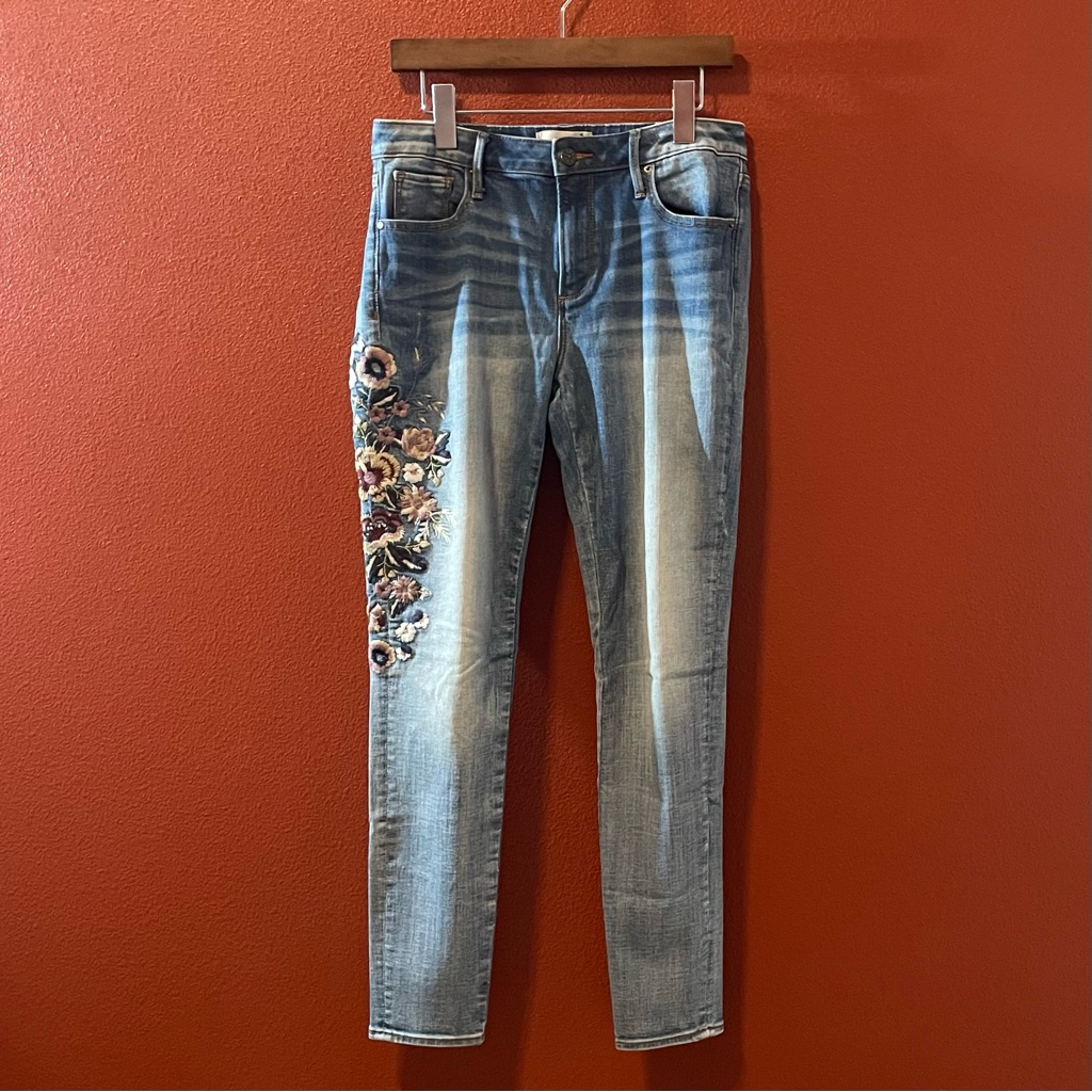 Driftwood Women’s Beau Embroidered Floral Leg Mid Rise Blue Stretch Cotton Jeans